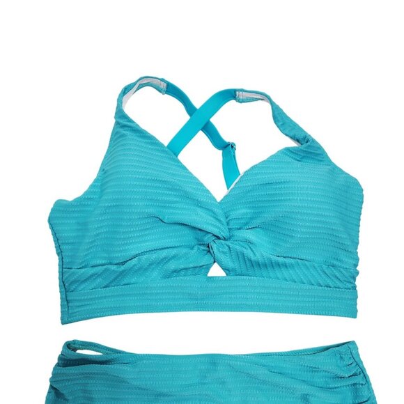 Womens Teal Textured High-Waisted Bikini Set Size L Swimsuit - Picture 2 of 5